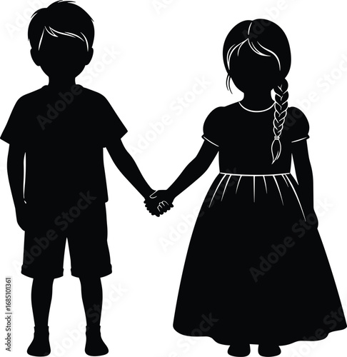 Sister silhouette vector, black and white girl illustration, child reaching butterfly, family love sketch, nurturing bond art, emotional moment drawing