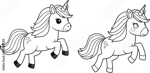 Unicorn vector illustration, black and white cartoon ponies, magical fantasy animal sketch, prancing unicorns with symbols, cute mythical creature drawing