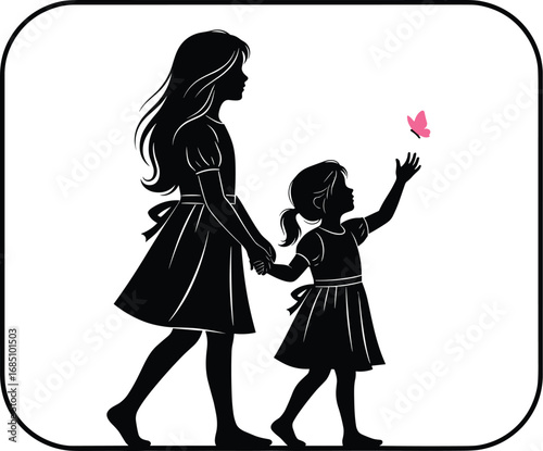 Sister silhouette vector, black and white girl illustration, child reaching butterfly, family love sketch, nurturing bond art, emotional moment drawing