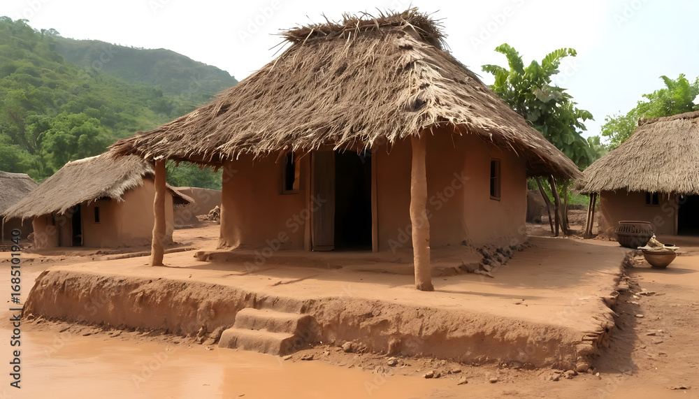 Fototapeta premium A traditional african village with mud huts and straw roofs in a rural setting