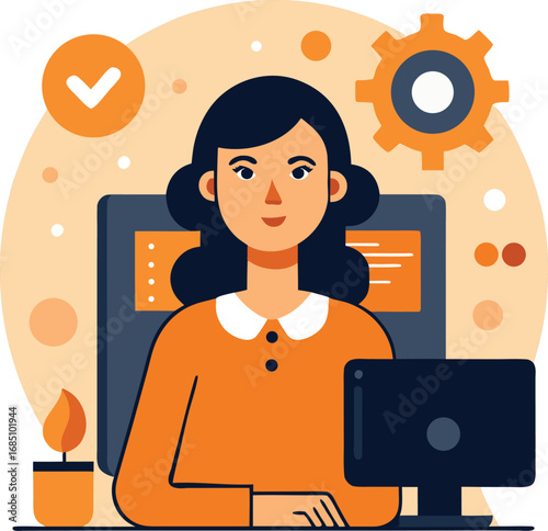 Woman working remotely on computer with business icons vector