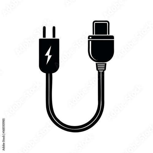 Black and White Icon of a Two Pronged Plug and Connector Cable