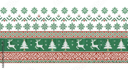 Festive scandinavian inspired holiday pattern featuring snowflakes reindeer and christmas trees in green red and white tones