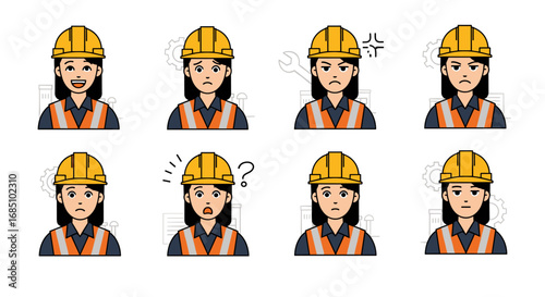 Female engineer character with various facial expressions. Vector headshot set of a woman in a helmet feeling happy, angry, sad, and confused.