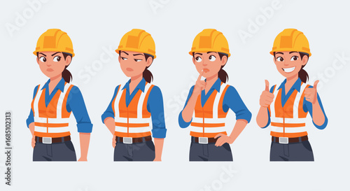 Professional female engineer and architect character set. Vector illustration of a woman in a hard hat and safety vest in various working poses.