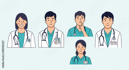 Doctor and nurse medical team characters. Vector illustration of a male physician and a female nurse for hospital and healthcare concepts.