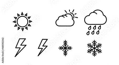 Weather forecast line icon set. Vector outline symbols for climate and meteorology, including sun, cloud, rain, lightning, and snowflake.