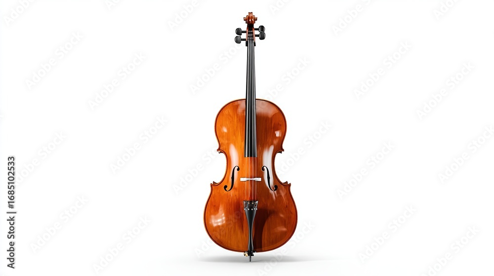 Fototapeta premium Glossy, polished cello with f-holes displayed centered on a stark white background