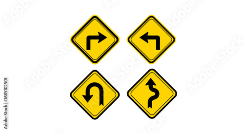 Road warning signs for turns and curves. Vector set of yellow diamond traffic symbols for sharp turn, reverse turn, and winding road.