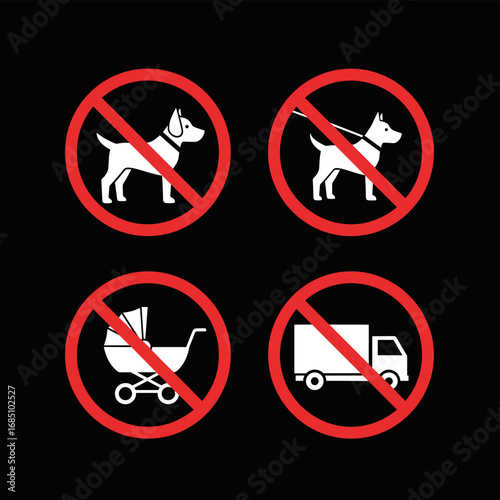 Prohibition signs for pets and baby strollers. Vector icon set including no dogs, no pets allowed, and no baby carriage symbols in a red circle.