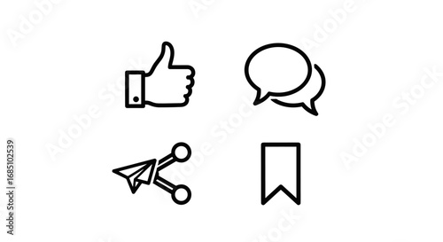 Social media interface line icon set. Vector symbols for web and apps, including like, comment, send, and share. User experience elements.