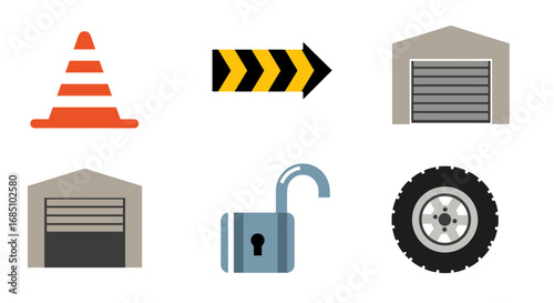 Collection of flat icons for garage service and road work. Features car wheel, traffic pylon, direction arrow, storage unit, and unlocked padlock symbol. Isolated on white background.