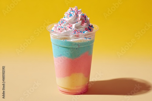 A vibrant, rainbow-layered milkshake in a clear plastic cup, topped with a swirl of whipped cream and colorful sprinkles, against a bright yellow backdrop.