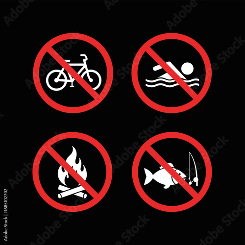 Prohibition signs for water and fire safety. Vector icon set including no swimming, no diving, no open flame, and no smoking symbols in a red circle.
