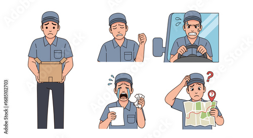 Man with smartphone problems character set. Vector illustration of a person happy with a new phone, then angry and frustrated with a broken device.