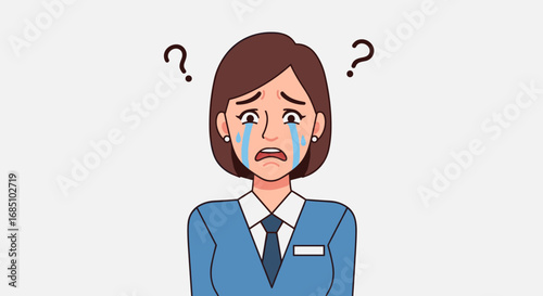 Sad anime-style female character crying and confused. Vector illustration of a young woman in emotional distress with question marks and tears.