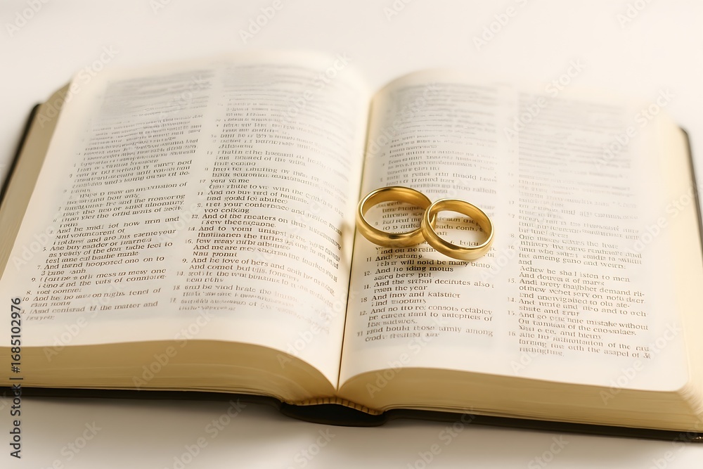 Fototapeta premium Traditional Wedding Rings on Open Book: Symbolic Commitment and Sacred Marriage Vows Aligned with Faith and Love