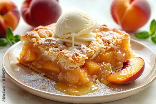 Peach Cream Delicious Cobbler Slice Topped Melting Vanilla Ice Scoop Rustic Homemade Dessert Isolated Template Branding Social Media Poster Banner Marketing Ecommerce Web Print Copy Spac SEO Optimized