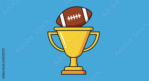 Vector illustration of american football trophy with ball on top, symbolizing victory and championship in sports, isolated on a blue background