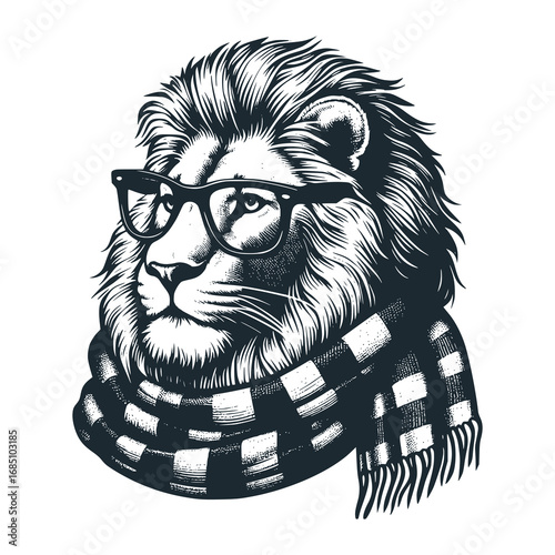 Male lion wearing glasses, hat and scarf – Black and White Icon Vector and Illustration