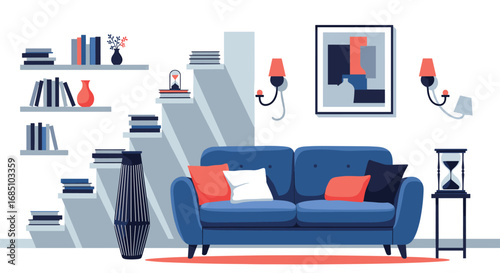 Inviting living room interior design featuring blue sofa bookshelves and modern wall art decoration