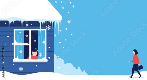 Person walking in snowy weather near a cozy house with a person looking out the window