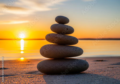Find your inner peace with a perfectly balanced stack of smooth stones on a serene beach at golden hour, reflecting tranquility and mindfulness for a calm escape.