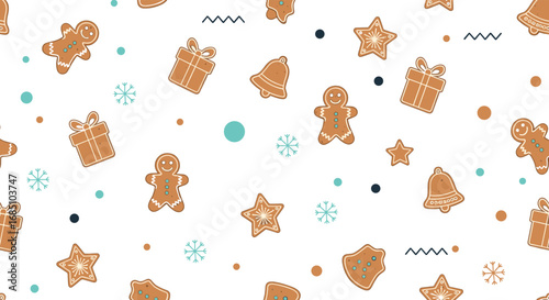 Whimsical holiday pattern featuring gingerbread cookies bells stars and gift boxes with festive accents and decorative elements