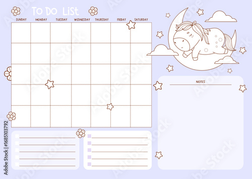 To do list. Outline Little Sleepy Horse on Moon. Organizer planner for grid Month, To-Do and Note, memo. Kids horizontal Template with pony. Line drawing, coloring. Vector illustration. Not AI