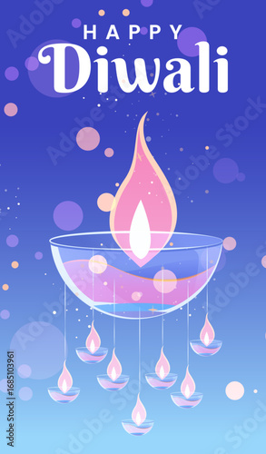 Happy Diwali Poster with Diya Lamp Vector Illustration. Indian festival of lights Design. Suitable for Greeting Card, Banner, Flyer, Template.