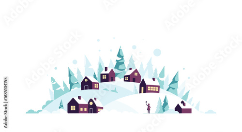 Charming winter village nestled among snow-covered hills and evergreen trees with glowing windows offering a warm inviting atmosphere