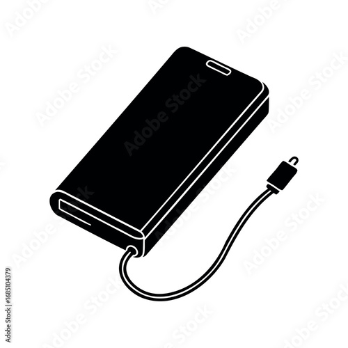 Isometric black power bank with USB cable, portable charger for devices