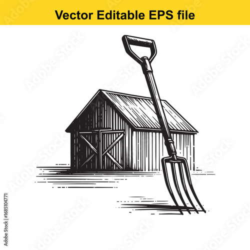Pitchfork leaning against a rustic wooden barn, isolated on white background