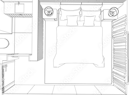 Black and white bedroom contour drawing with a central bed, pillows, and surrounding objects in a minimalist apartment floor plan. Top view