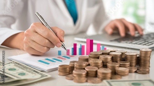 A financial analyst, holding a pen and analyzing colorful bar graphs on paper, with piles of coins and banknotes spread on the table, set in a professional conference room