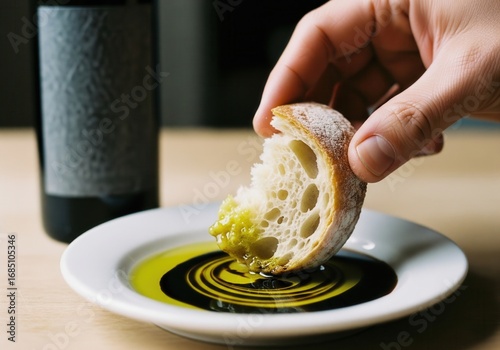 Hand dipping crusty bread in olive oil and balsamic vinegar.