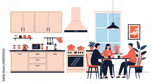 Cozy kitchen gathering family and friends enjoying meal together around dining table