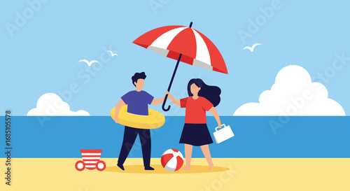 A couple enjoys a sunny day on the beach under a red and white umbrella with a yellow floaty and a beach ball