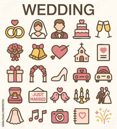 A charming and romantic icon set featuring symbols of weddings and love.