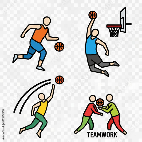 Collection of stylized basketball players in action dribbling dunking shooting and passing the ball isolated on transparent background