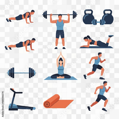 Diverse group of people engaged in various fitness activities and exercises isolated on transparent background