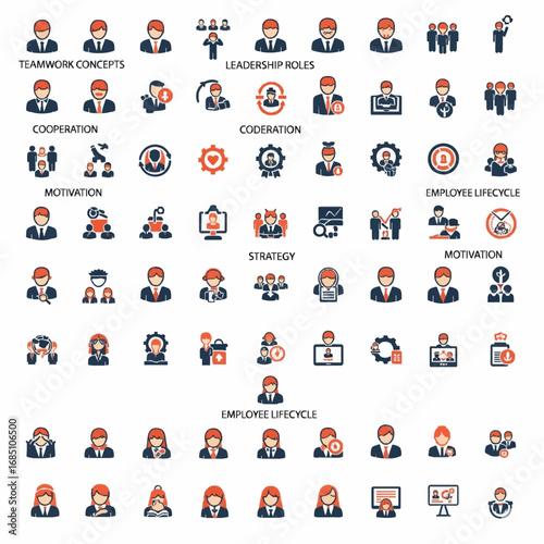 Collection of business and human resource icons representing teamwork leadership cooperation motivation strategy and employee lifecycle isolated on transparent background