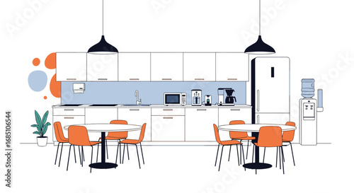 Modern office breakroom design with orange chairs and kitchenette area featuring coffee maker and water cooler for employee relaxation and social interaction