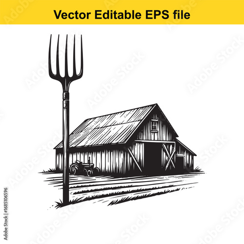 Rustic barn and pitchfork in a field with a tractor, vector art