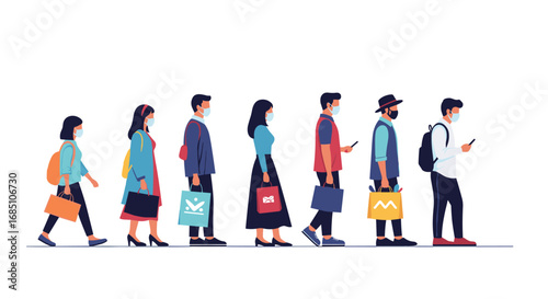 Diverse group of people wearing face masks waiting patiently in line holding shopping bags and using mobile phones
