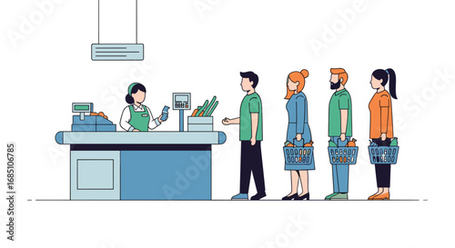 Customers patiently waiting in a grocery store checkout line for their turn at the cashier counter