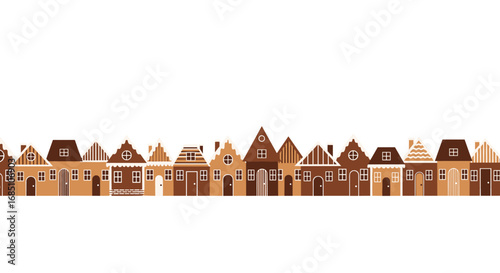 Charming european townhouses in warm earthy tones with decorative elements and windows creating a festive ambiance