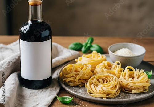 Fresh Italian pasta ingredients with blank label bottle for mockup
