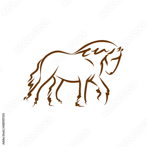 Elegantly illustrated outline of a powerful Friesian horse in motion, showcasing its majestic mane and muscular build