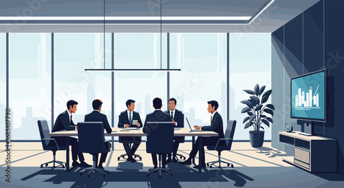 Modern corporate meeting room with professionals discussing business strategy around a large table